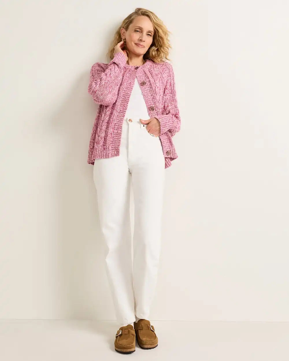 WOMEN'S MARLED COTTON CABLE CARDIGAN