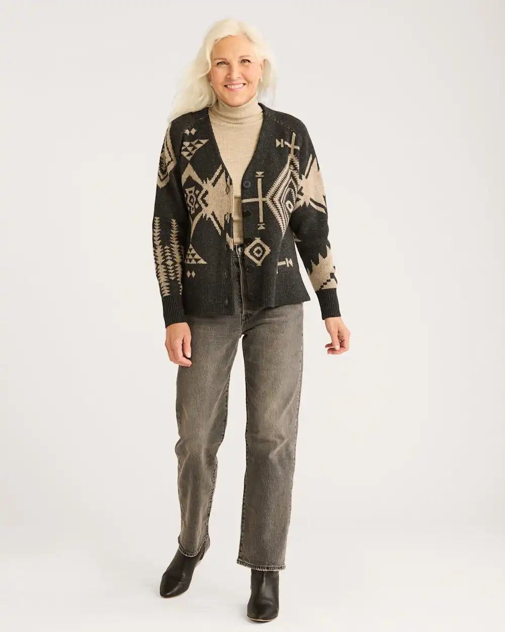 WOMEN'S LAMBSWOOL MIXED GRAPHIC CARDIGAN