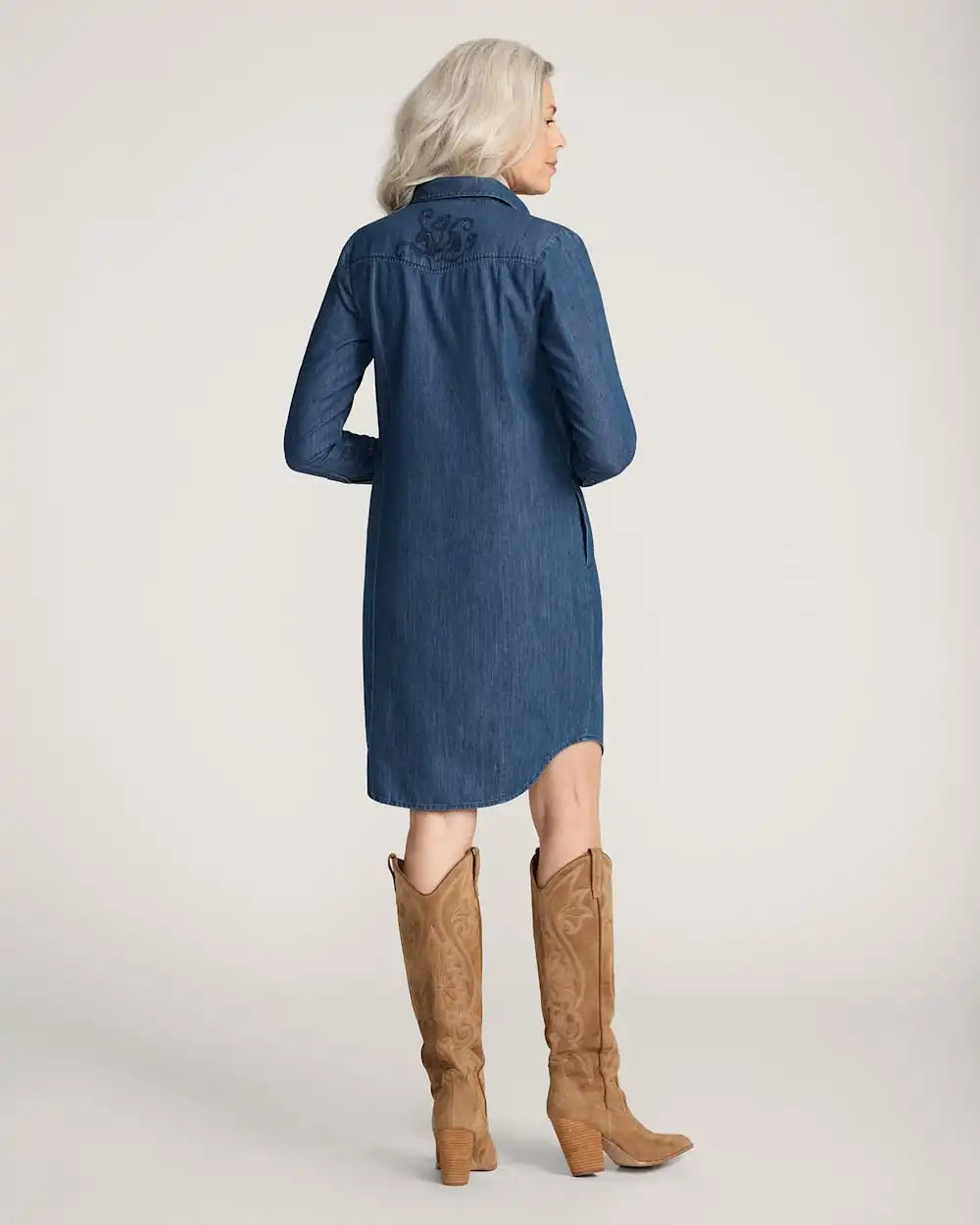 WOMEN'S EMBROIDERED CHAMBRAY GAMBLER SHIRT DRESS