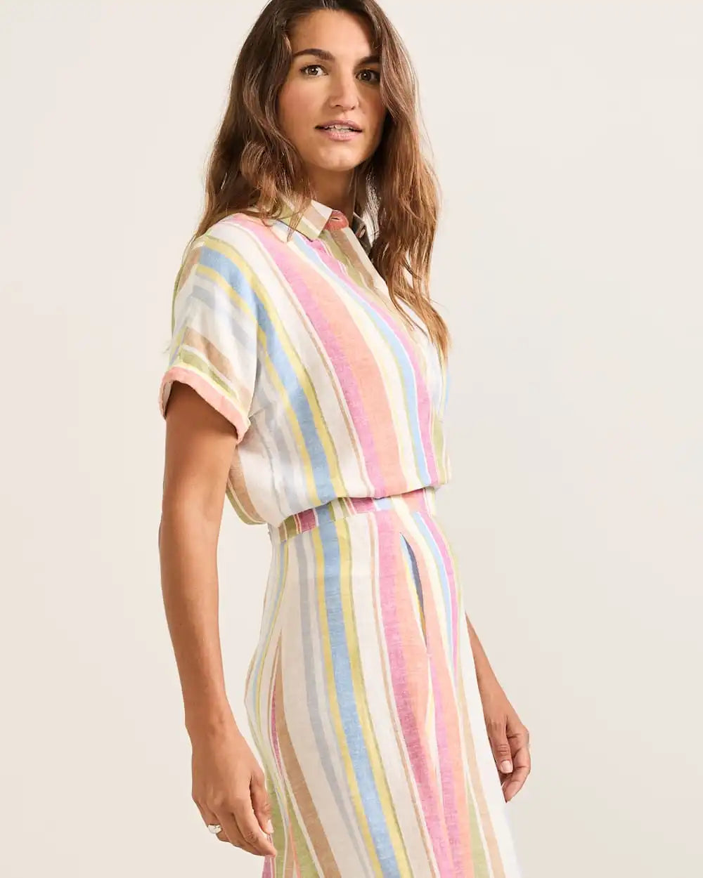 WOMEN'S SHORT-SLEEVE STRIPE LINEN SHIRT