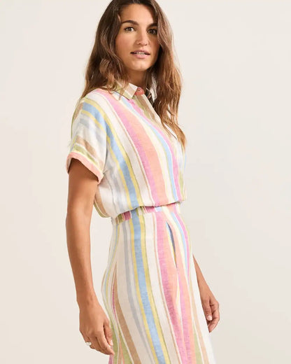 WOMEN'S SHORT-SLEEVE STRIPE LINEN SHIRT