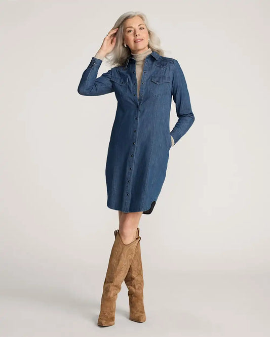 WOMEN'S EMBROIDERED CHAMBRAY GAMBLER SHIRT DRESS