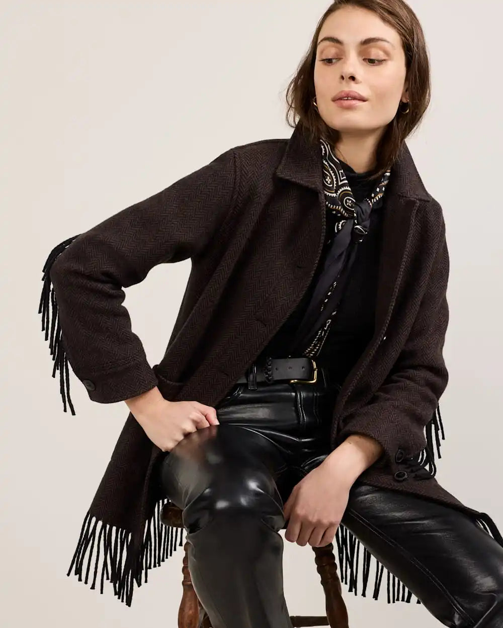WOMEN'S HERRINGBONE JOLENE WOOL FRINGED JACKET