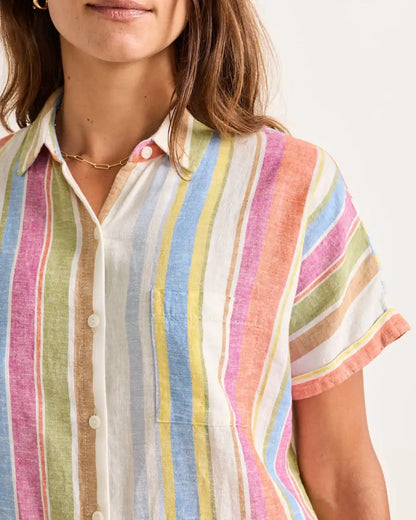 WOMEN'S SHORT-SLEEVE STRIPE LINEN SHIRT