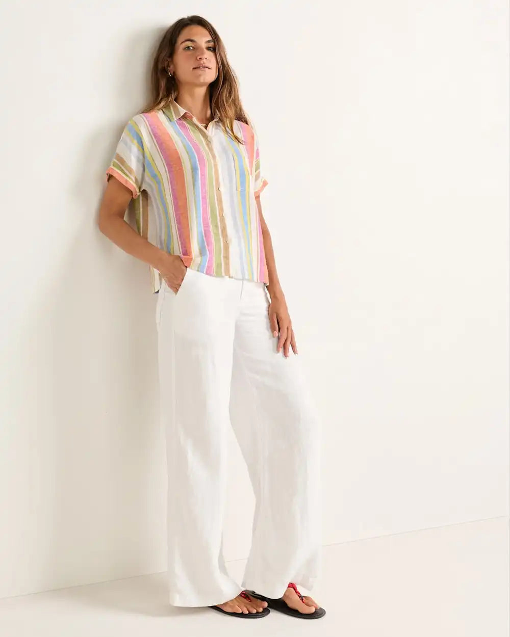 WOMEN'S SHORT-SLEEVE STRIPE LINEN SHIRT