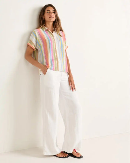 WOMEN'S SHORT-SLEEVE STRIPE LINEN SHIRT