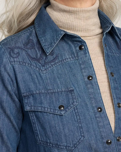 WOMEN'S EMBROIDERED CHAMBRAY GAMBLER SHIRT DRESS