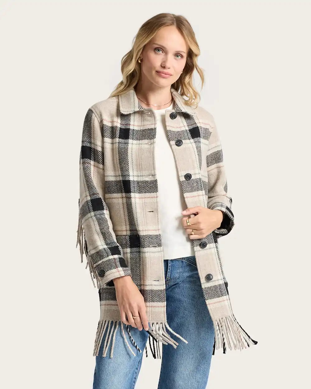WOMEN'S PLAID JOLENE WOOL FRINGED JACKET
