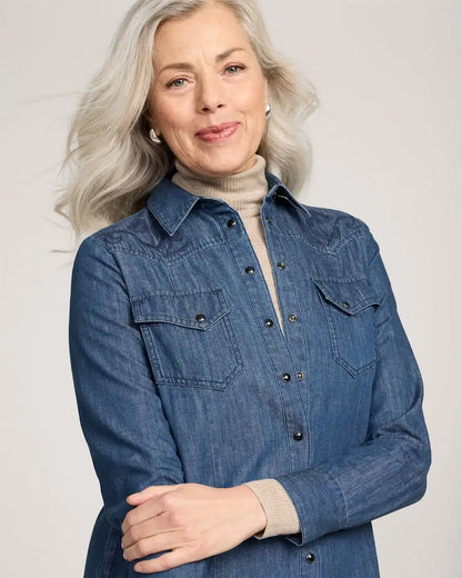 WOMEN'S EMBROIDERED CHAMBRAY GAMBLER SHIRT DRESS